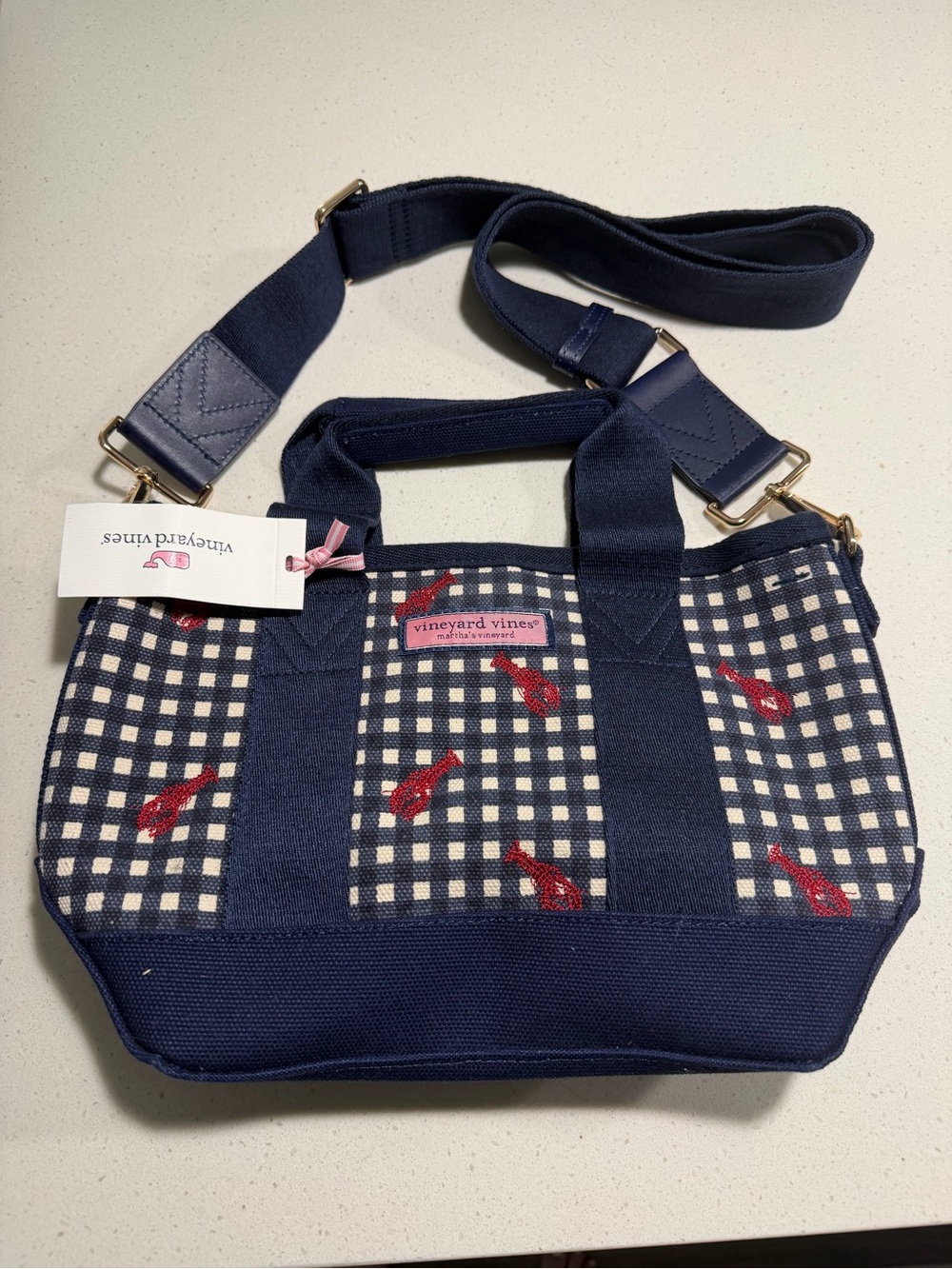 NWT Vineyard Vines Navy Gingham Mini Tote with Red Lobster Print